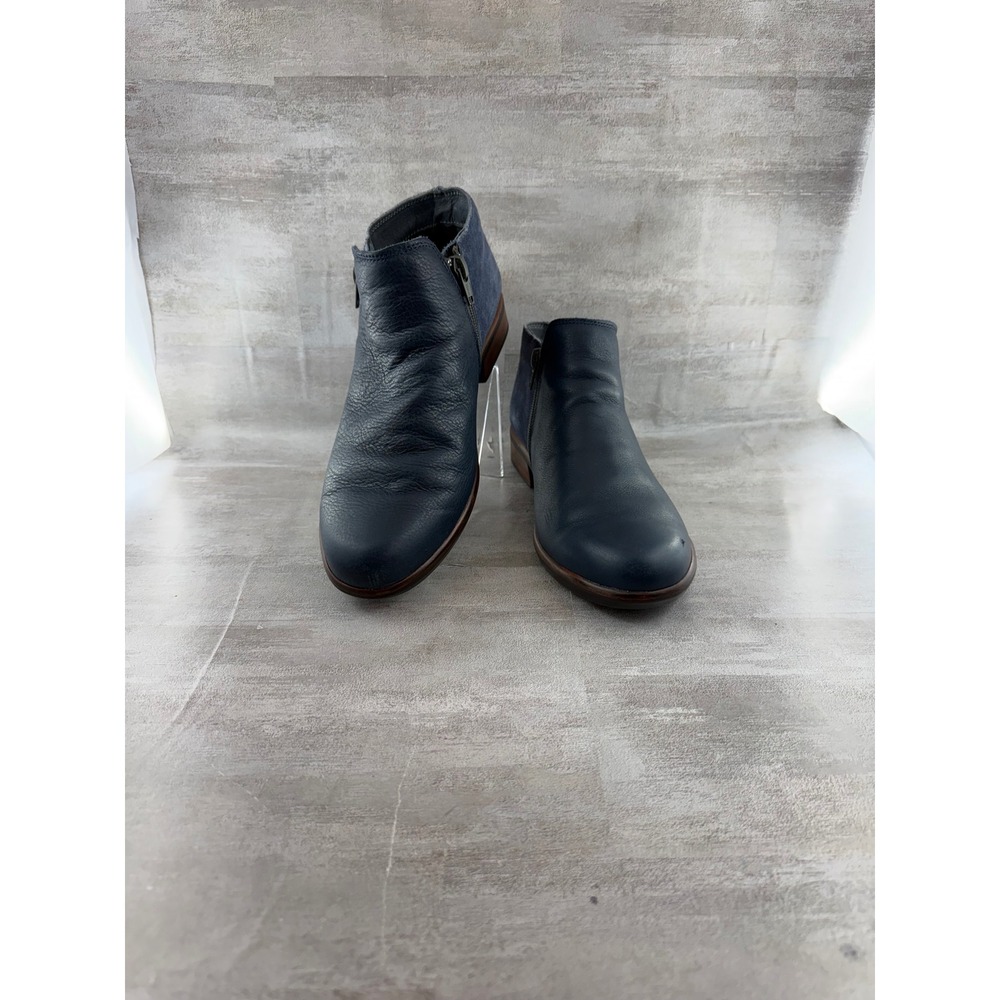 Naot Helm Navy Blue Leather Suede Ankle Boots Women Sz EU 39 Dual Zip Low Heel